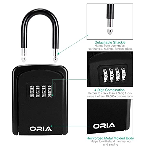 Oria Key Lock Box, Key Safe Box, 4 Digit Combination Key Storage Lock Box, 5 Keys Capacity With Removable Shackle For Indoor Outdoor, Black 3.66In #TOP3