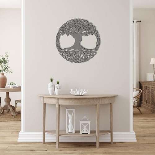 Laserano - Wunderschönes Wandbild aus Holz Lebensbaum rund in grau als Wanddeko Ø 56x 0,8cm; Modernes Wandobjekt made in Germany; Ideal für Schlafzimmer, Wohnzimmer, Esszimmer oder Flur
