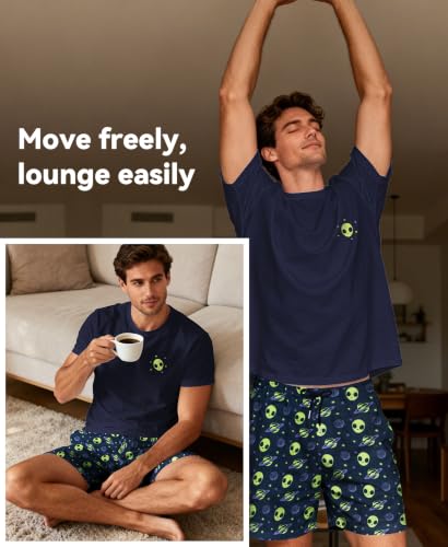 Image of Yoimira Mens Soft Pajama Set Short /Long Sleeve 2 Piece PJs with Pockets | Men's short /long sleeve pajama set, soft 2 piece PJs with pockets for sleepwear, loungewear, relaxing at home and nightwear