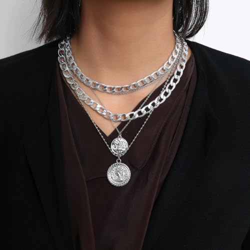 Women's Silver Retro 2-Piece Set: Cowboy Waist Belt with Concho & Double Layer Coin Pendant Necklace for Cowgirl Punk Country Concert Outfit3