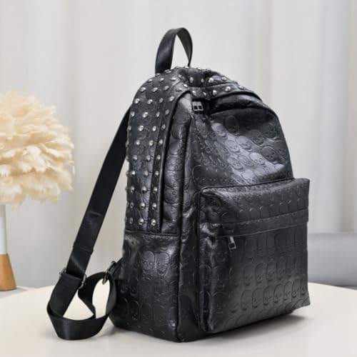 Image of Women Punk Rivets Backpack Skull Printed Daypack Purse PU Leather Shoulder Bags Satchel (Skull)