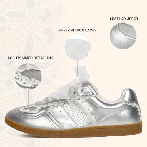 Image of Casual Sneakers for Women Lace Detail Elegant Ribbon Lace-Up Fashion Sneakers with Leather Upper Memory Foam Insole and Trendy Casual Shoes for Women