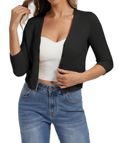 Image of Belle Poque Womens Summer Cropped Cardigan Sweaters Lightweight Crochet Bolero Shrugs 3 /4 Sleeve Button Down V Neck Cardigans