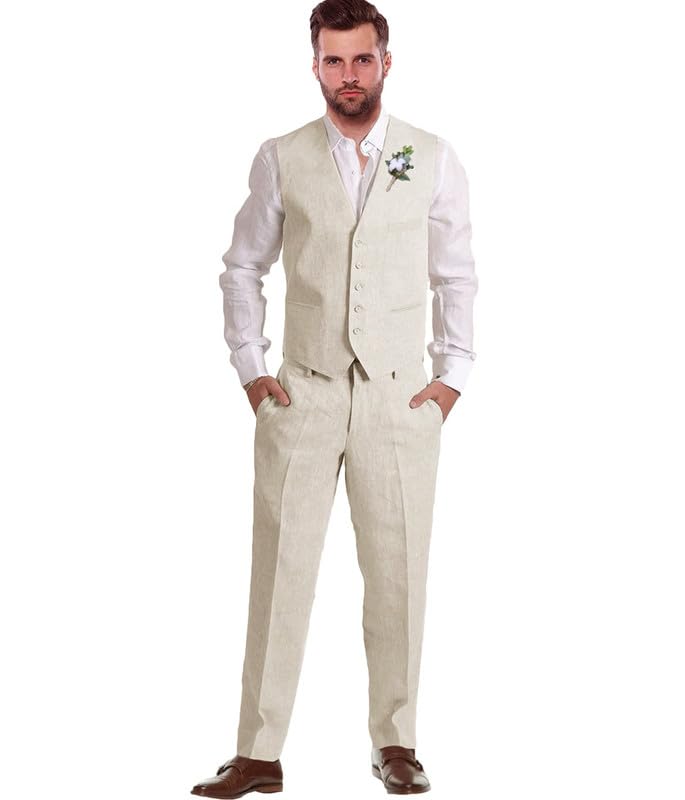 2024 Fashion Mens Linen Suits for Beach Wedding 2 Piece Groomsmen Attire Linen Vest Pant Set JXZ0282