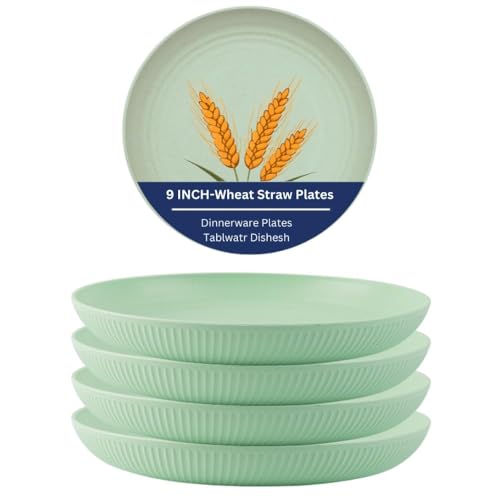 Image of Wheat Straw & Bamboo Fiber Plates Set, Lightweight Unbreakable Dinner Plates, Microwave and Dishwasher Safe, Plates Easy to Clean & Reusable (9 Inches, Green, Set of 4)