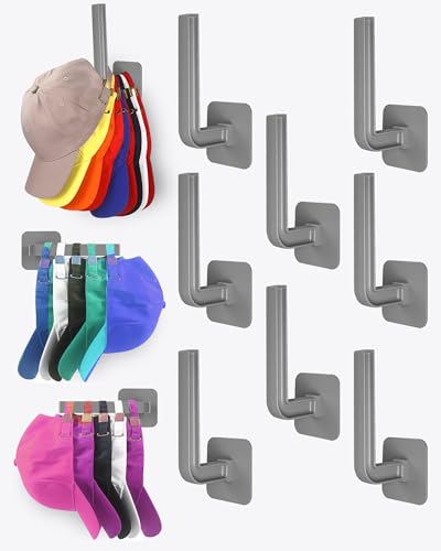 Sunfanie Hat Rack for Hat Storage(8-Pack), Multi-Purpose Hat Organizer, Strong Adhesive Hat Hooks for Wall, Hat Organizer for Baseball Caps, Two Mounting Options Hat Hook, Gray