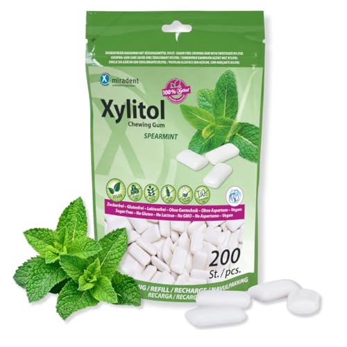 miradent Xylitol Zahnpflegekaugummi Vorteilspackung 200 Stück | Spearmint | erfrischender Geschmack | zuckerfrei | vegan | kariespräventiv | für unterwegs