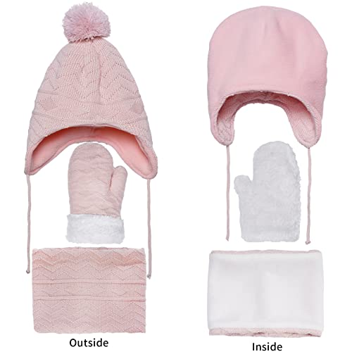 Obmwang Toddler Winter Knit Fleece Lined Earflap Hat Scarf And Warm Fleece Gloves Set Knit Thick Warm Fleece Lined Thermal Sets For Toddler And Little Girls 1-3 Years Pink thumb #2
