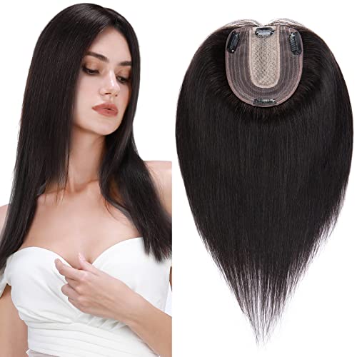 S-noilite Human Hair Toppers for Thinning Hair Women Real Hair Topper Hair Piece Clip in Toupee 100% Remy Real Human Hair 27g(#1B Natural Black