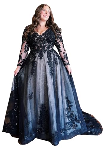 Mauuwy Long Sleeve Wedding Dresses for Bride Plus Size Wedding Gowns for Women Lace Black Bridal Gown with Sweep Train