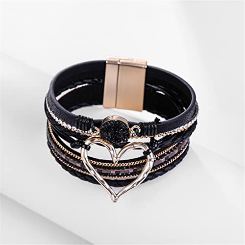 Caiyao Multilayer Bohemian Pu Leather Wrap Bracelet Bangle Evil Eye Crystal Rhinestone Beaded Heart Wristband Bracelet For Women Men Boho Cuff Jewelry Gift-A Black Heart thumb #1