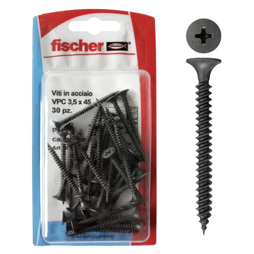 Fischer 30 Viti per Cartongesso 3,5x45 mm, Fosfatate Autoperforanti, per Fissaggio Lastre su Profili Metallici, Filettatura a Passo Fine, Impronta Phillips, 504667