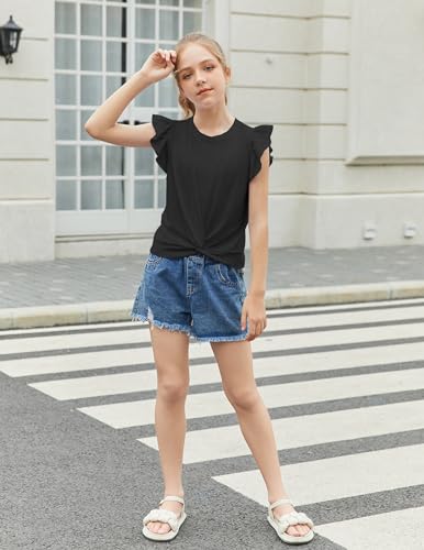 Image of Arshiner Girls Shirt - Short-Sleeve Twist Front T-Shirt for Girls with Cute Flying Sleeves - Summer Blouse Tunic Tee Tops