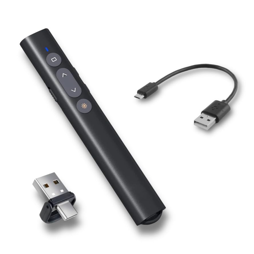 BzLine [Rechargeable] 2-in-1 Wireless Presenter and Laser - Works with Mac/Windows, 82 feet Range, USB 2.0/Type-C - Google Slides, Prezi, PPT, Volume Control and Hyperlink Support - Built-in Battery