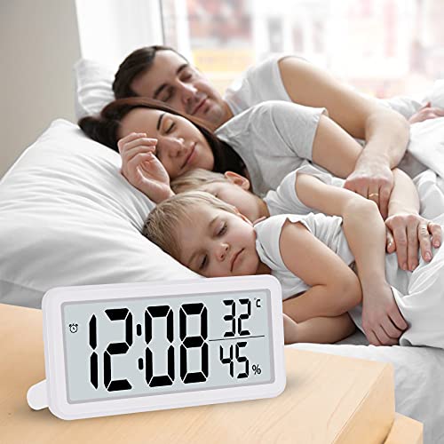 SZELAM 5.6 LCD Digital Alarm Clocks with Big Digit Display, Small Digital wall clock Slim Desk Clock Bedside Battery Powered with Temperature, Humidity, 12/24Hr, Snooze for Bedroom Home Office-White