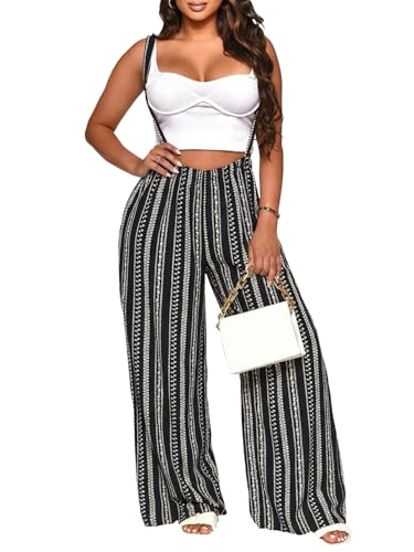 STOLKISS Women Casual Jumpsuits Summer Sleeveless Loose Jumpsuit Shoulder Strap Adjustable Long Pants Rompers with Pockets, Z422 Black White Stripe, Large