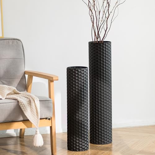 Sziqiqi Black Large Floor Vase Set of 2: 70/55 cm Tall Metal Standing With Modern Honeycomb Texture for Living Room, Dining, Bedroom, Home Corner, Hallway, Office