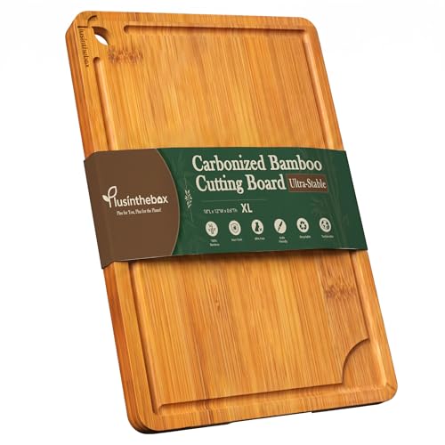 Cutting Boards for Kitchen, Wooden Chopping Board for Meat, Vegetables and Fruit, 18" x 12" XL Deep Carbonized Bamboo Board for Meal Prep, Serving, Daily Cooking and Kitchen Counter