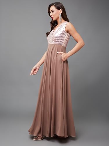 Image of Miss Chase Women's Round Neck Sleeve Embellished Fit Flare Maxi Dress