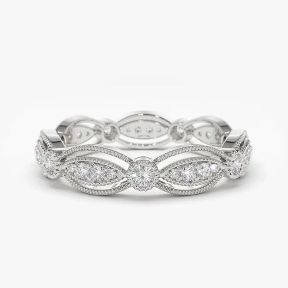 SilverDia 1 Ct Round Diamond Antique Art Deco Milgrain Full Eternity Retro Wedding Band Ring For Women 14K Yellow Gold Finish Vintage Gorgeous Artistic Jewelry Beautiful Handmade Ring Christmas Gift