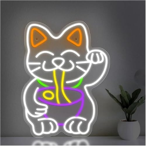 Néon chat porte-bonheur ramen pour illuminer un mur sombre de magasin