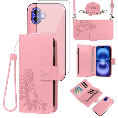 Coque iPhone 16 avec sangle bandoulière et portefeuille à fleurs amovible