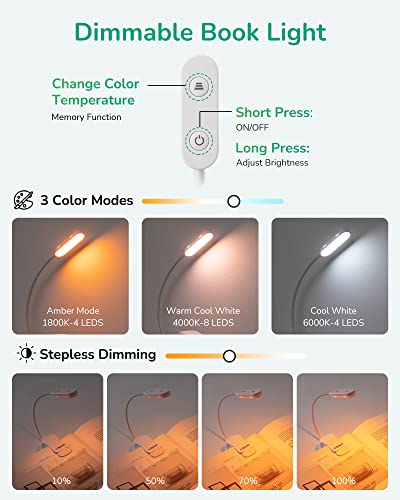 Image of EDISHINE Reading Light, USB Rechargeable Clip On Book Light, 3 Color Modes & Stepless Dimmable, 2 Charging Modes, Eye Care LED Lamp for Readers, Kids, Bookworms, Travel (White)