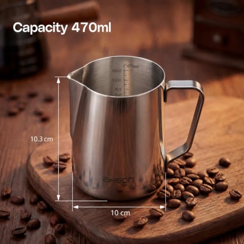 Image of Axeon Milk Frother for Latte Art - 470ml | Stainless Steel Espresso Milk Frothing Jug with Internal Scale & Matte Coating | V-Spout for Latte Art | Barista Steam Jug for Cappuccino & Coffee (Silver)