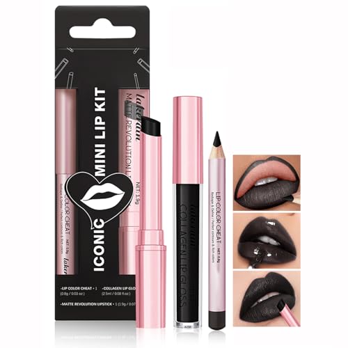 3Pcs Black Matte Lipstick Set,Black Lipstick+Lip Liner+Lip Gloss,Richly Pigmented Velvety Lip Stain,Nourishing & Long-Lasting Creamy Lipstick,Vegan and Cruelty-Free