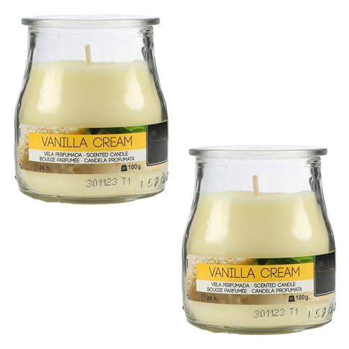 Pack de 2 Velas Aromáticas en Vaso de Yogurt de Cristal Reciclable - 24h de Duración，Cera Vegetal Perfumada, Fabricadas en España, 7x6cm (Vainilla Cream)