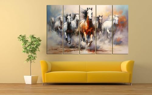 Image of KYARA ARTS seven vastu running horse wall painting (30inch x 48inch wooden multiple framed)