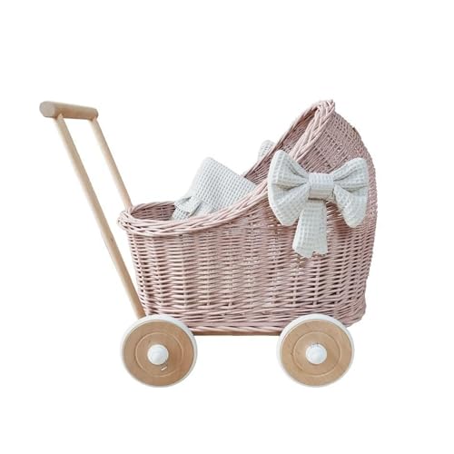 Wiklibox Natural Rattan Doll Stroller - Hand Made in Europe - Fits 17" Dolls & Plush Toys - Wicker Doll Pram & Baby Walker with Bedding Set - Perfect for Imaginative Play | Pink with Glitter
