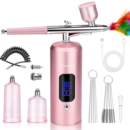 Image of HANNEA Cordless Airbrush Kit, Rechargeable LCD Airbrush Spray Gun with 3 Pressure Level, 0.3mm Nozzle, Portable Airbrush Compressor for Painting, Makeup, Nails, Model Craft, Pink