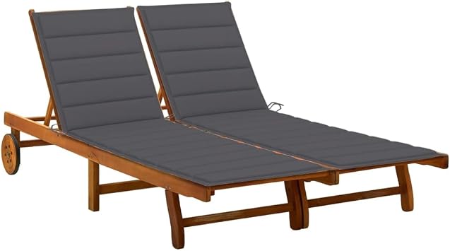 Anthracite Solid Acacia Wood 2-Person Sun Lounger, Outdoor Chaise Lounge Chair with Adjustable Backrest and Wheels for Poolside Tanning Garden Patio Relaxation