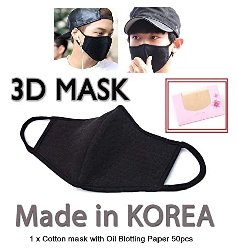 Made In Korea Unisex Kpop Mask 3D Black Neoprene Cotton Face Mask With Soltreebundle Oil Blotting Paper 50Pcs #TOP1