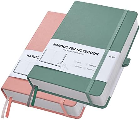 Thick Journal Lined Notebook - Journal Notebook for Writing, A5 Notebook College Ruled, 100gsm 320 Numbered Pages, Leather Hardcover Notebook for Women Men Work Office School - Green Pink