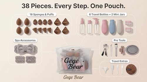 Image of Gege Bear 38-Piece Complete Beauty & Skincare Kit for Women | Spa Headband + Wrist Bands, 18 Sponges & Puffs, 8 Travel Bottles, Collapsible Brush Cleaning Tub, Eyelash Curler, Tweezers, Foundation Brush | All-in-One Makeup Starter & Travel Kit | (Hot Pink, 38 PCS)