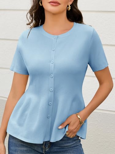 Image of Saodimallsu Womens Short Sleeve Cardigans Ruffle Button Down Crew Neck Peplum Babydoll Knit Sweater Tops