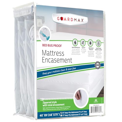 Image of Guardmax Zippered Mattress Protector - RV Size - 100% Waterproof and Bed Bug Proof Mattress Encasement - Stretches to 11 Inches for Snug Fit. Mattress Cover is Soft, Breathable, & Hypoallergenic