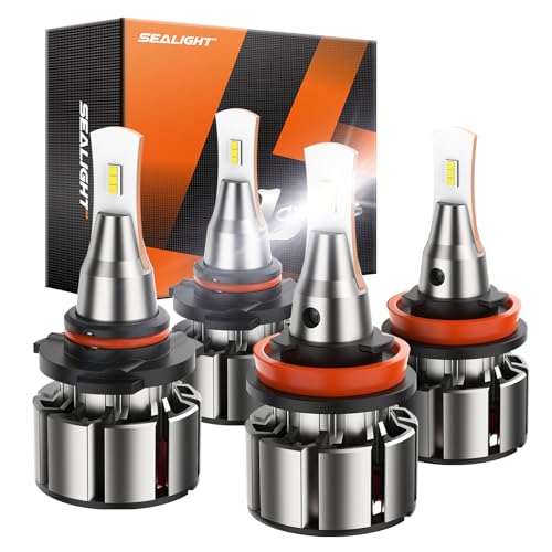 SEALIGHT 9005 H11 Bulbs Combo, 6000K Cool White, 72000LM, 9005/HB3 H11/H8/H9 Fog Bulbs with Silent Fan, Wider Driving Vision, Fog Light, Powersports Headlight Bulbs, Pack of 4
