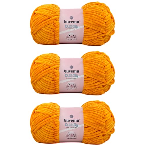 Image of Cuddly Velvet Chenille Yarn, Super Soft Fluffy Bulky for Knitting Crocheting Blanket Amigurumi, Durable for Shedding, 100 Gram (3.53 Ounces) 109 Yards (100 Meters) (Saffron) (3 Skeins)