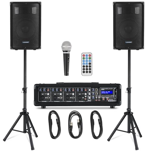 McGrey BP-210 Bandpack PA-Anlage - 4-Kanal Powermixer - digitaler Hall - Bluetooth - USB/SD-Slot - 2-Wege-Lautsprecher mit 10' Woofer und Horn - Inklusive Mikrofon, Stative und...