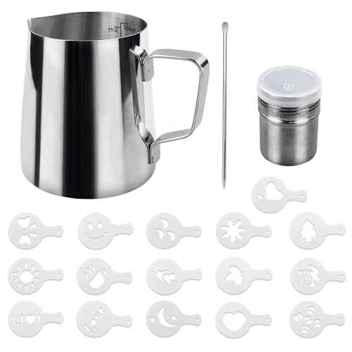 1 Piezas 350 ml Jarra acero inoxidable con12 onzas, Jarra Barista Taza Espumador con Marca de Medición y Lápiz Artístico,Jarra Espuma Leche con dispensador para Café, capuchino