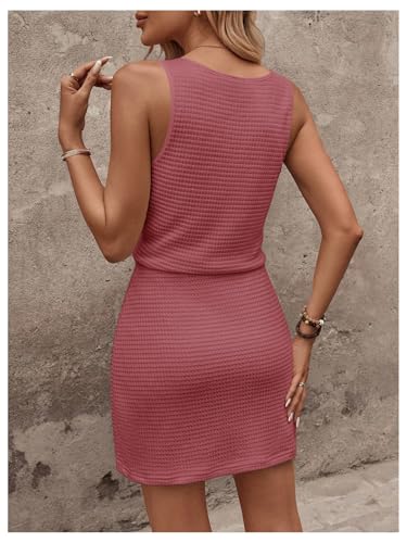 Image of RoseSeek Women's Waffle Knit Belted Tank A Line High Waisted Dresses Square Neck Sleeveless Summer Short Dress