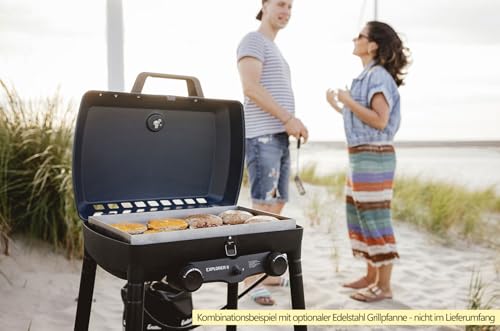 Enders Camping Gasgrill Explorer II, Grill-Thermometer, Grillen-, Kochen-, Backen Funktion, 2 Brenner Edelstahl, kleiner Balkon-Picknick-Grill, Aluguss-Grillwanne #2104, Blau