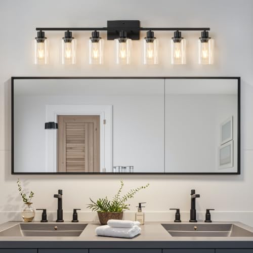 Image of MOKATNG 7-Light Bathroom Light Fixtures, Vanity Light with Clear Glass Shades, Matte Black Bathroom Light Fixtures Over Mirror, Modern Bathroom Wall Lamp for Mirror Living Room Cabinet Bedroom