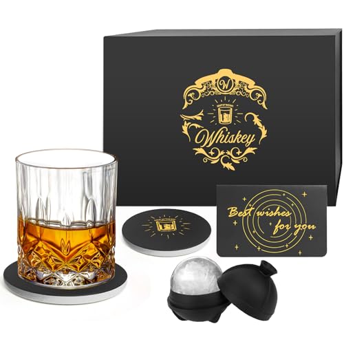 EBGRF Whiskey Glasses with Luxury Box -10 Oz Crystal Bourbon Glass, Ice Molds and Coasters, Whisky Glass Gift for Men, Whiskey Gifts for Men Dad Husband Birthday Father's Day Groomsmen Gifts