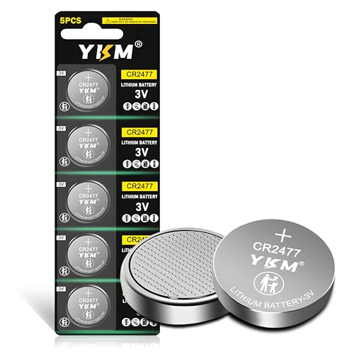 YKM High Capacity CR2477 3V Lithium Battery DL2477 ECR2477 2477 Button Coin Cell Battery for Temperature Sensor Smart Thermostat Thermometer Motion Detector 5 Pack