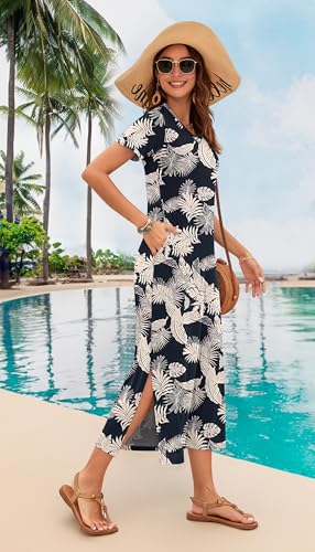 Image of MISFAY Womens Maxi Dress Short Sleeve V Neck Loose with Pockets | Soft stretchy breathable, v neck loose fit, side split hem, two side pockets, casual daily beach vacation travel dress