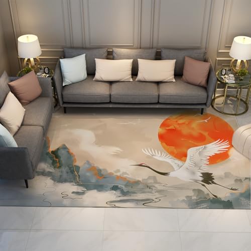 Oriental Sunrise Office Rugs 5'x7' Elegant White Crane Against Misty